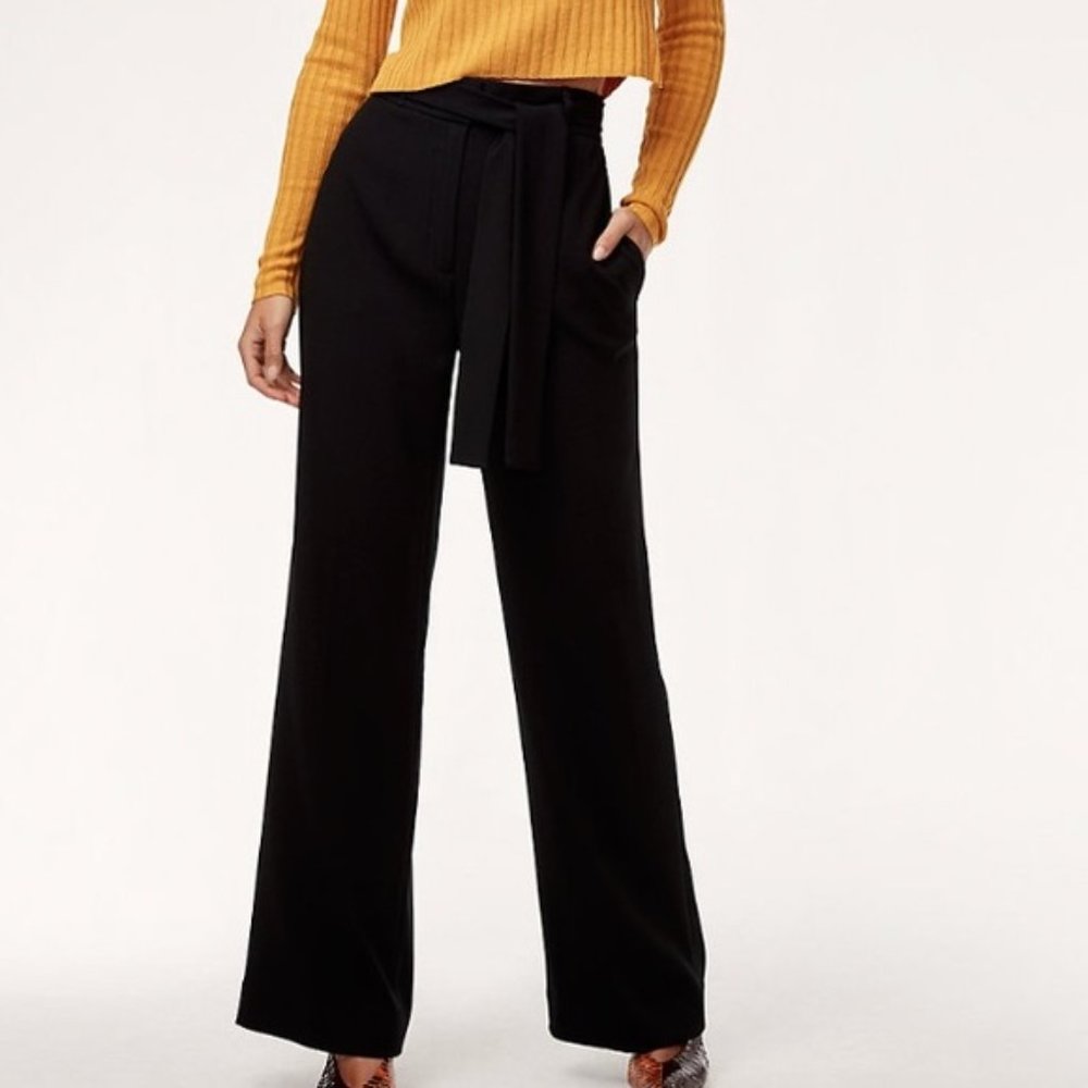Aritzia Babaton Navy Blue Quillon Front Tie Wide Leg Trouser Pant
